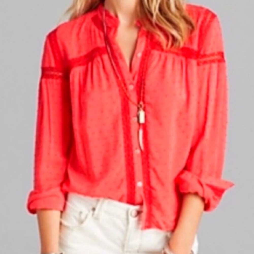 NWT Free People Everyday Girl Swiss Dot Long Sleeve Top Blouse Shirt Strawberry - Picture 2 of 6